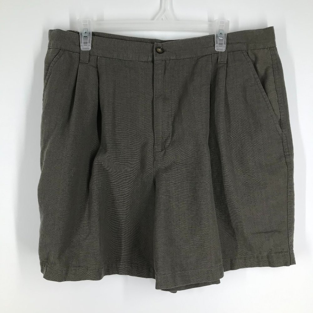 Consensus Men's Linen Blend Olive Green Pleated Chino Shorts Pockets  Sz 38